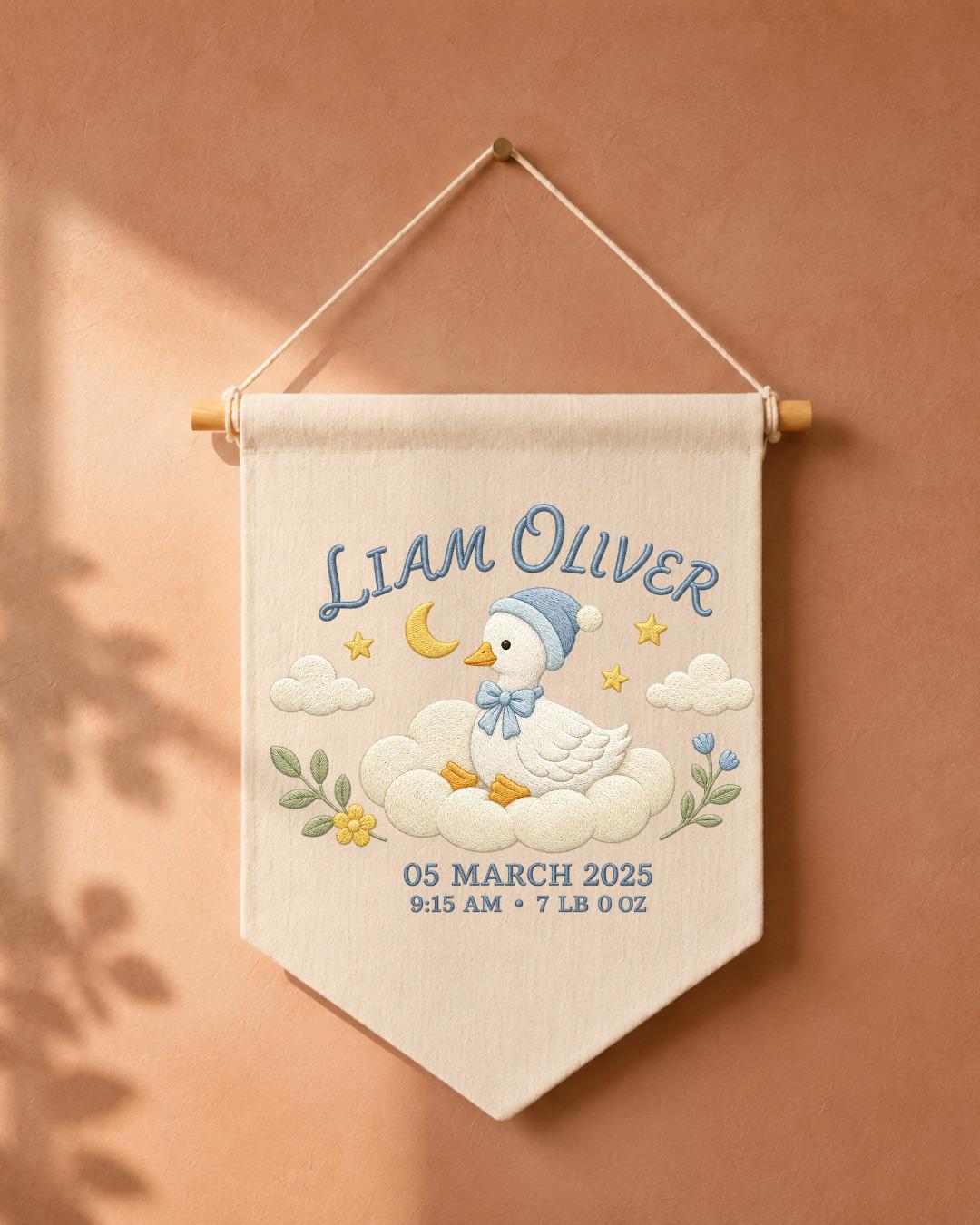 Personalized Baby Birth Stats Wall Hanging, Custom Name Embroidered Goose Banner, Baby Boy Nursery Decor, Newborn Keepsake Gift