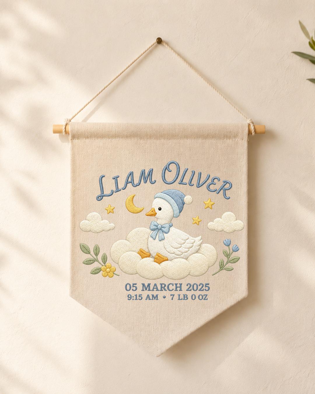 Personalized Baby Birth Stats Wall Hanging, Custom Name Embroidered Goose Banner, Baby Boy Nursery Decor, Newborn Keepsake Gift