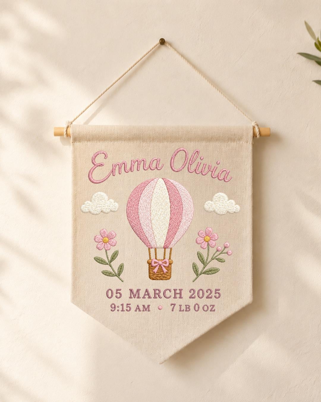 Personalized Baby Birth Stats Wall Hanging, Custom Name Embroidered Hot Air Balloon Banner, Baby Girl Nursery Decor, Newborn Keepsake Gift