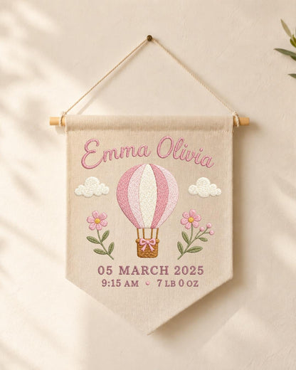Personalized Baby Birth Stats Wall Hanging, Custom Name Embroidered Hot Air Balloon Banner, Baby Girl Nursery Decor, Newborn Keepsake Gift