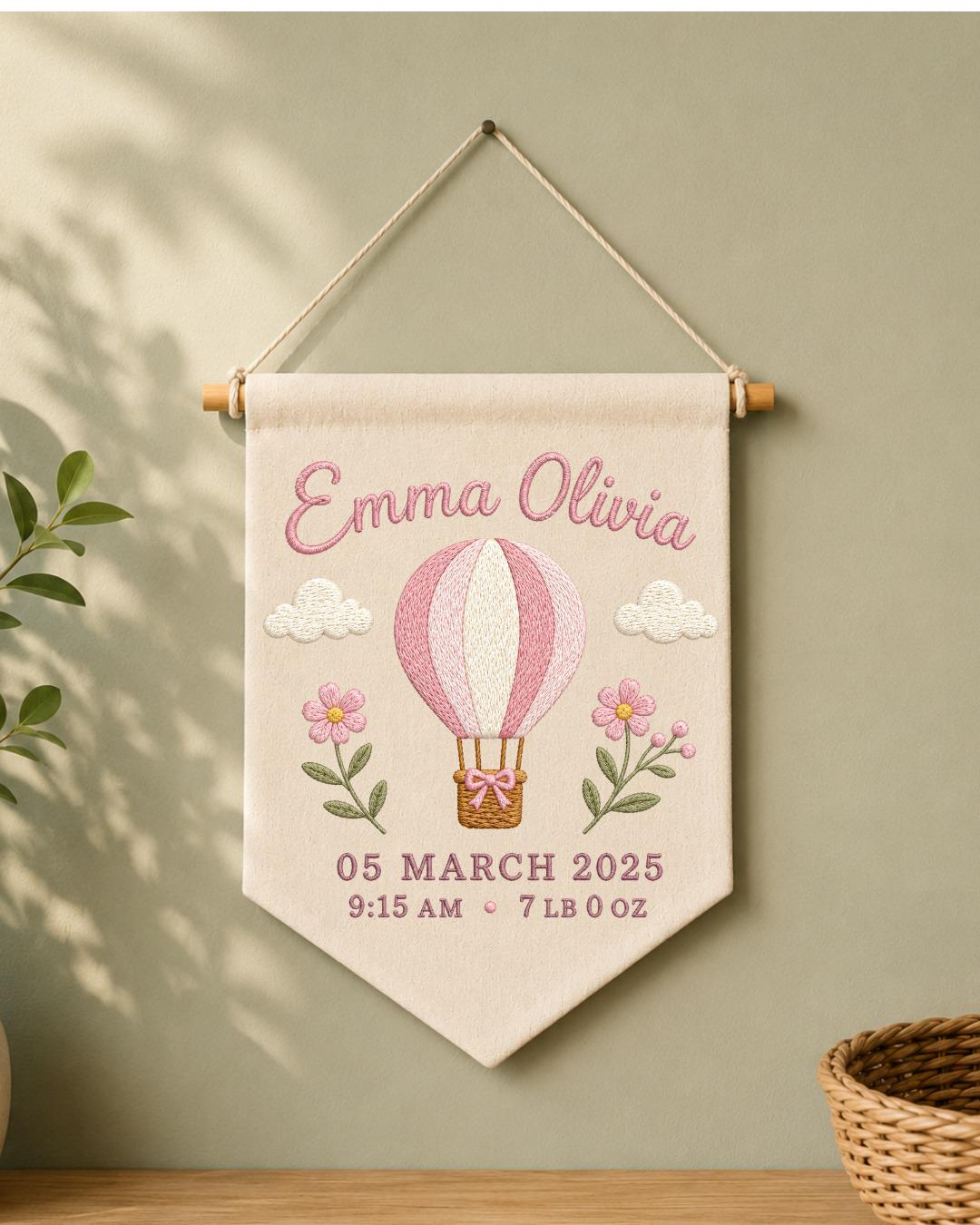 Personalized Baby Birth Stats Wall Hanging, Custom Name Embroidered Hot Air Balloon Banner, Baby Girl Nursery Decor, Newborn Keepsake Gift