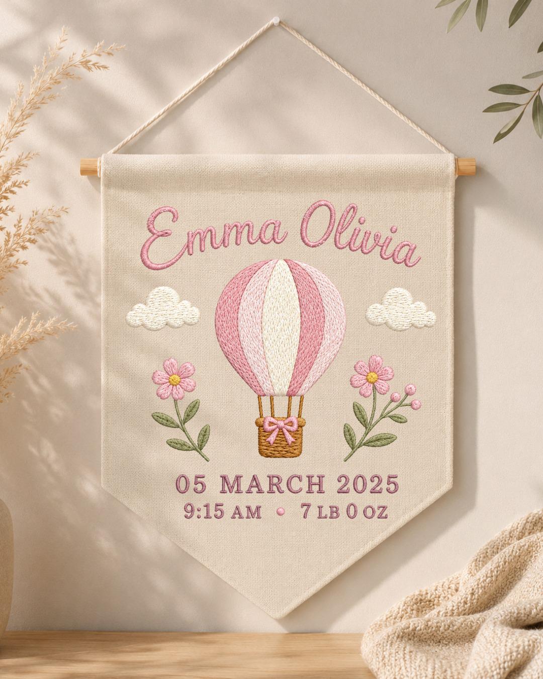 Personalized Baby Birth Stats Wall Hanging, Custom Name Embroidered Hot Air Balloon Banner, Baby Girl Nursery Decor, Newborn Keepsake Gift