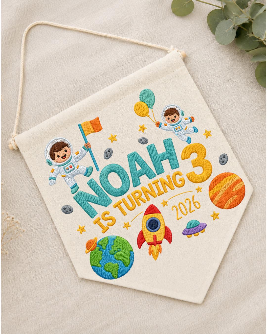 Personalized Space Birthday Wall Hanging, Custom Name Embroidered Astronaut Banner, 3rd Birthday Party Decor, Outer Space Kids Room Gift