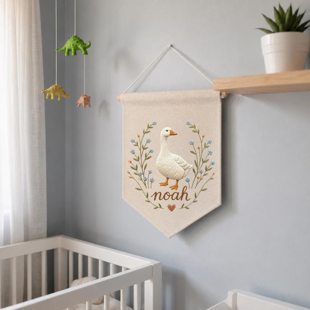 Embroidered Goose Nursery Banner, Custom Name Wall Hanging, Hemp Fabric Decor