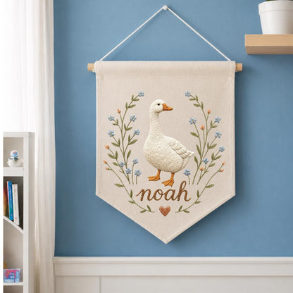 Embroidered Goose Nursery Banner, Custom Name Wall Hanging, Hemp Fabric Decor