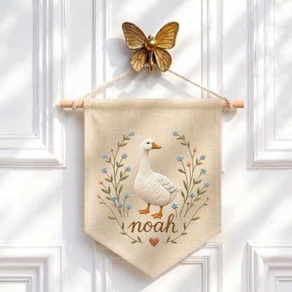 Embroidered Goose Nursery Banner, Custom Name Wall Hanging, Hemp Fabric Decor