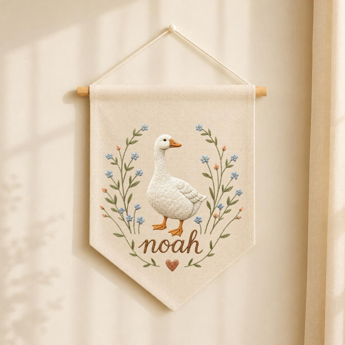 Embroidered Goose Nursery Banner, Custom Name Wall Hanging, Hemp Fabric Decor