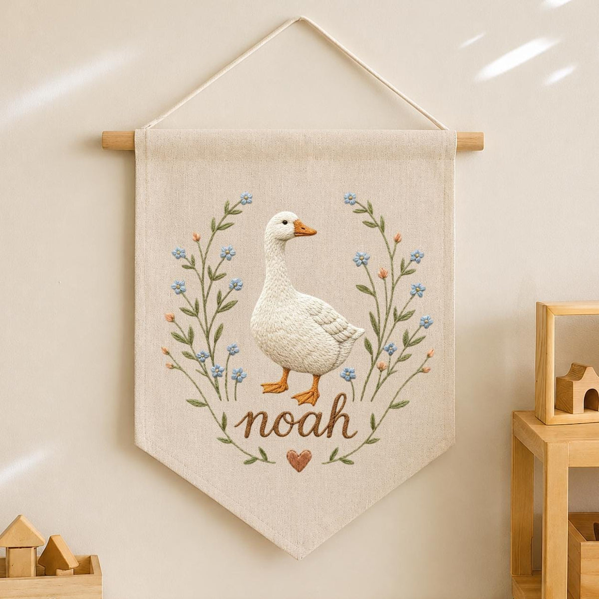Embroidered Goose Nursery Banner, Custom Name Wall Hanging, Hemp Fabric Decor