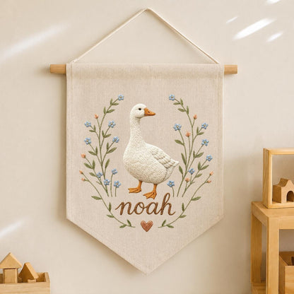 Embroidered Goose Nursery Banner, Custom Name Wall Hanging, Hemp Fabric Decor