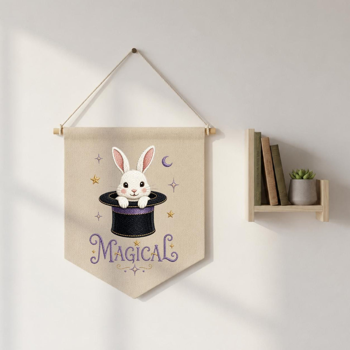Embroidered Bunny Magic Hat Wall Banner, Whimsical Nursery Decor, Custom Name Sign
