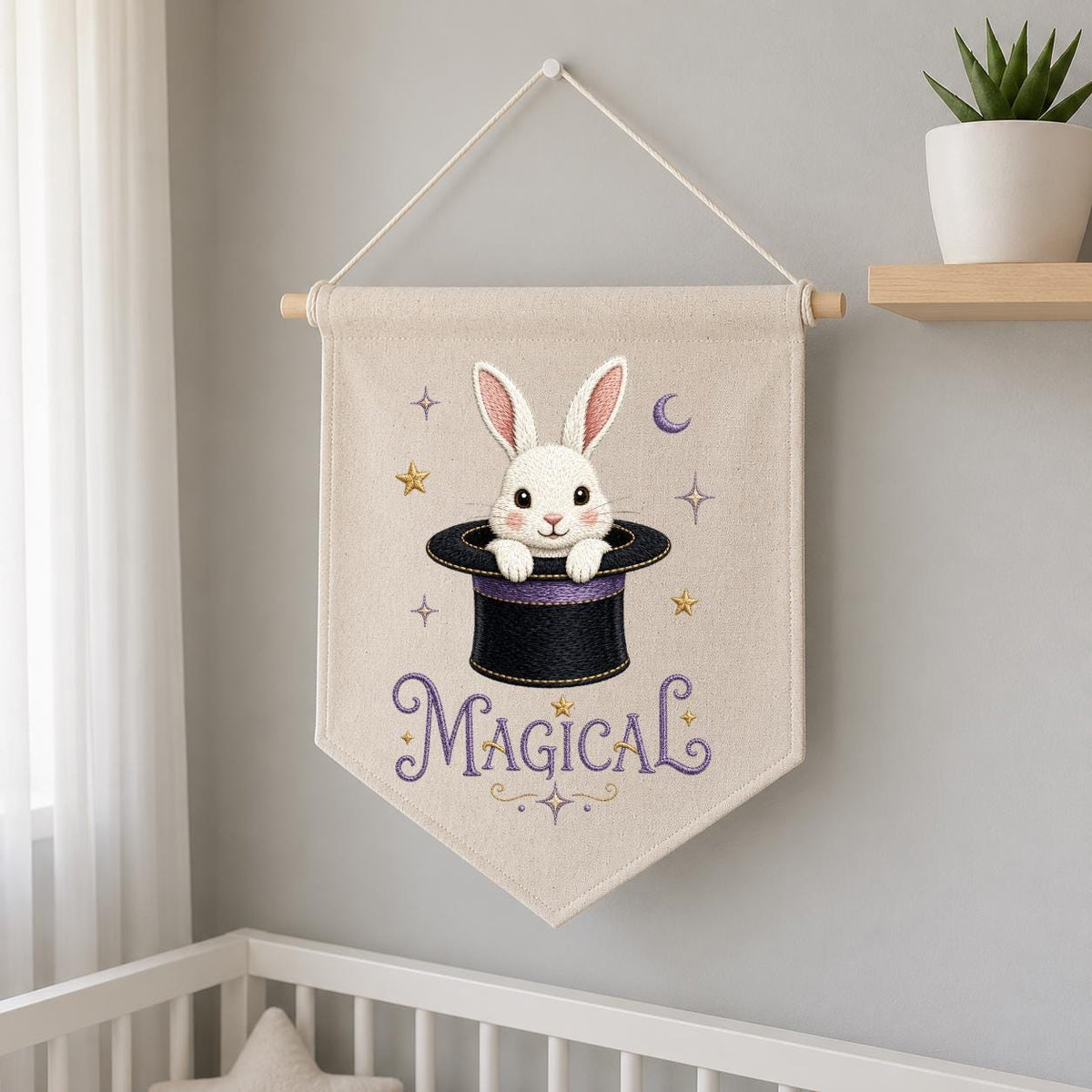 Embroidered Bunny Magic Hat Wall Banner, Whimsical Nursery Decor, Custom Name Sign