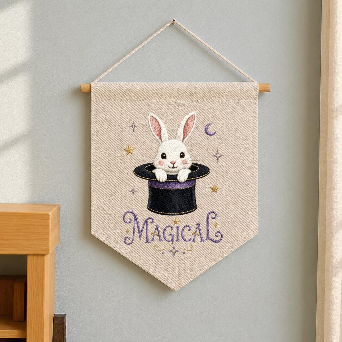 Embroidered Bunny Magic Hat Wall Banner, Whimsical Nursery Decor, Custom Name Sign