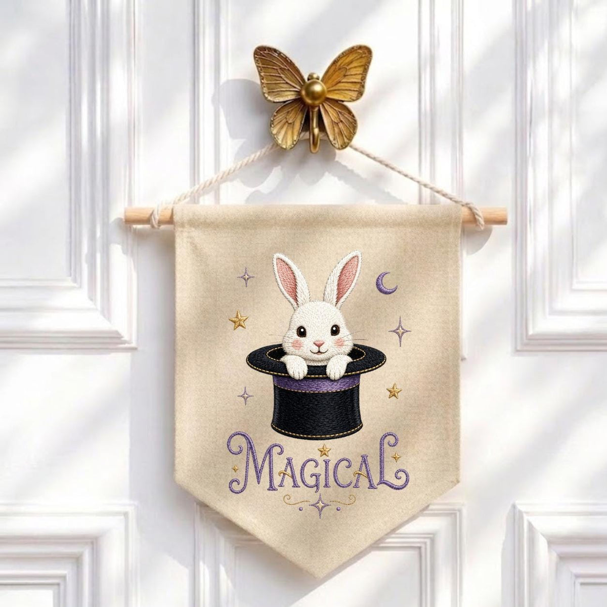 Embroidered Bunny Magic Hat Wall Banner, Whimsical Nursery Decor, Custom Name Sign