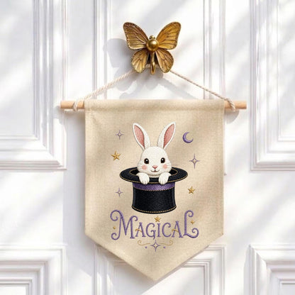 Embroidered Bunny Magic Hat Wall Banner, Whimsical Nursery Decor, Custom Name Sign