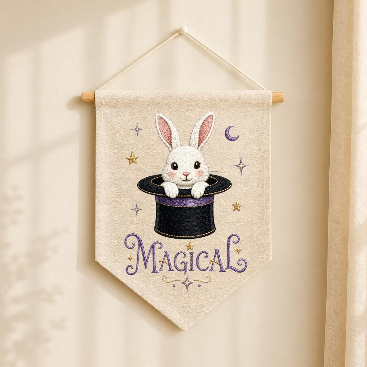 Embroidered Bunny Magic Hat Wall Banner, Whimsical Nursery Decor, Custom Name Sign