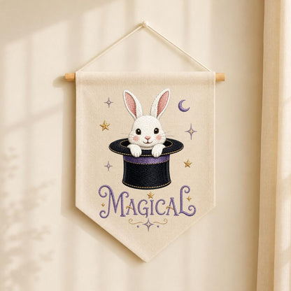 Embroidered Bunny Magic Hat Wall Banner, Whimsical Nursery Decor, Custom Name Sign
