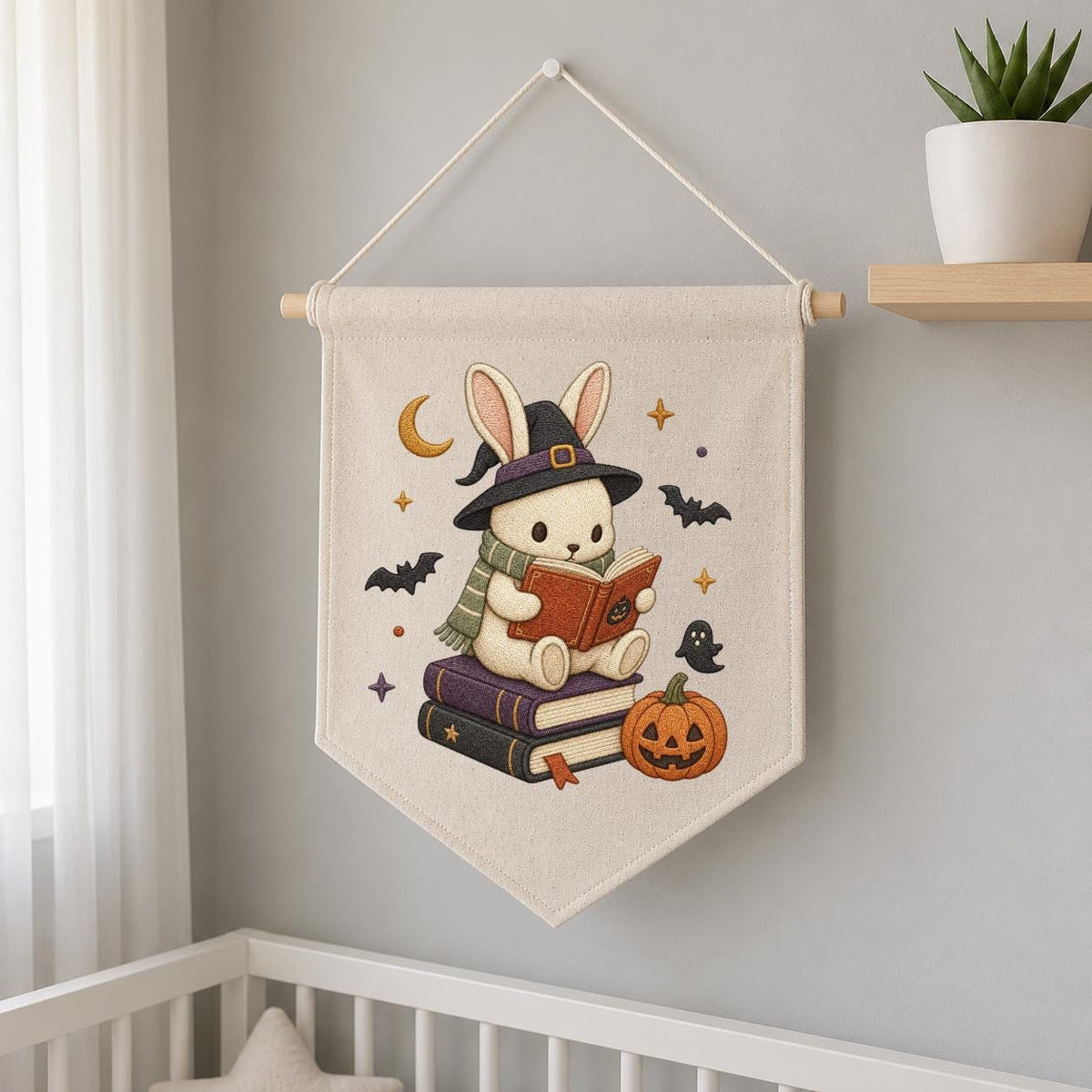 Halloween Bunny Reading Banner, Embroidered Witch Hat Wall Hanging, Spooky Nursery Decor