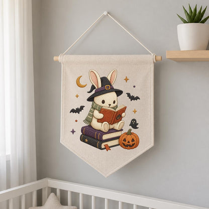 Halloween Bunny Reading Banner, Embroidered Witch Hat Wall Hanging, Spooky Nursery Decor