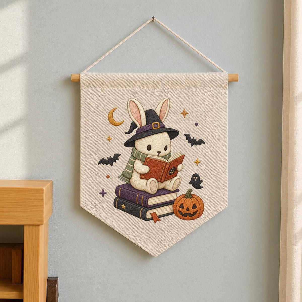 Halloween Bunny Reading Banner, Embroidered Witch Hat Wall Hanging, Spooky Nursery Decor