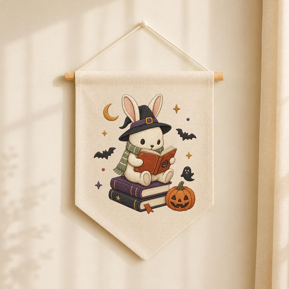 Halloween Bunny Reading Banner, Embroidered Witch Hat Wall Hanging, Spooky Nursery Decor