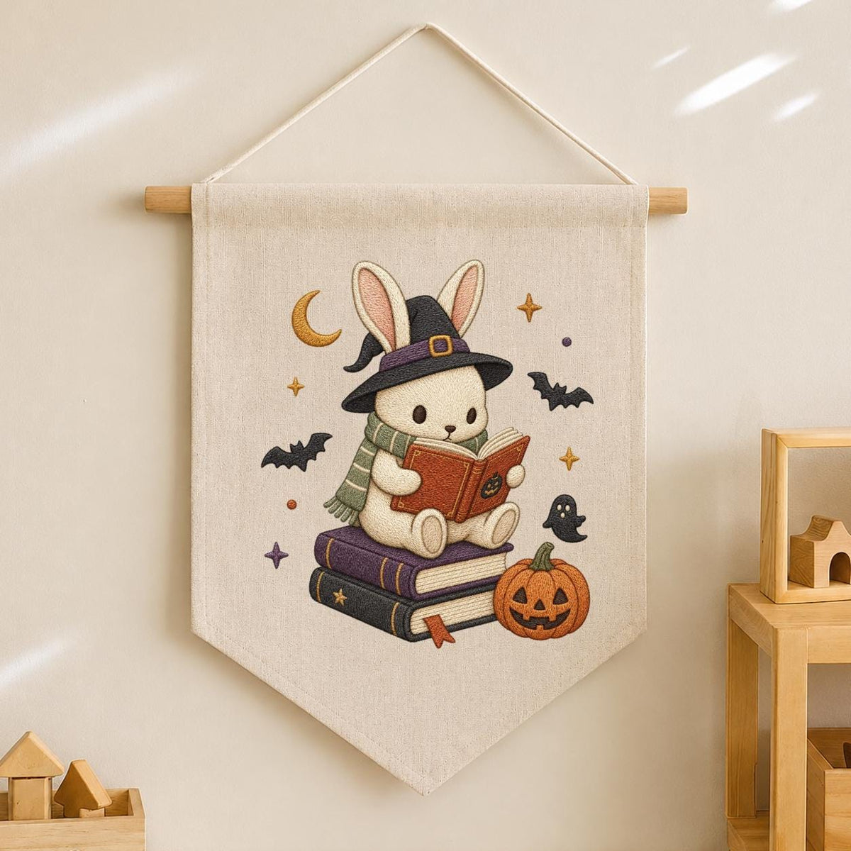Halloween Bunny Reading Banner, Embroidered Witch Hat Wall Hanging, Spooky Nursery Decor