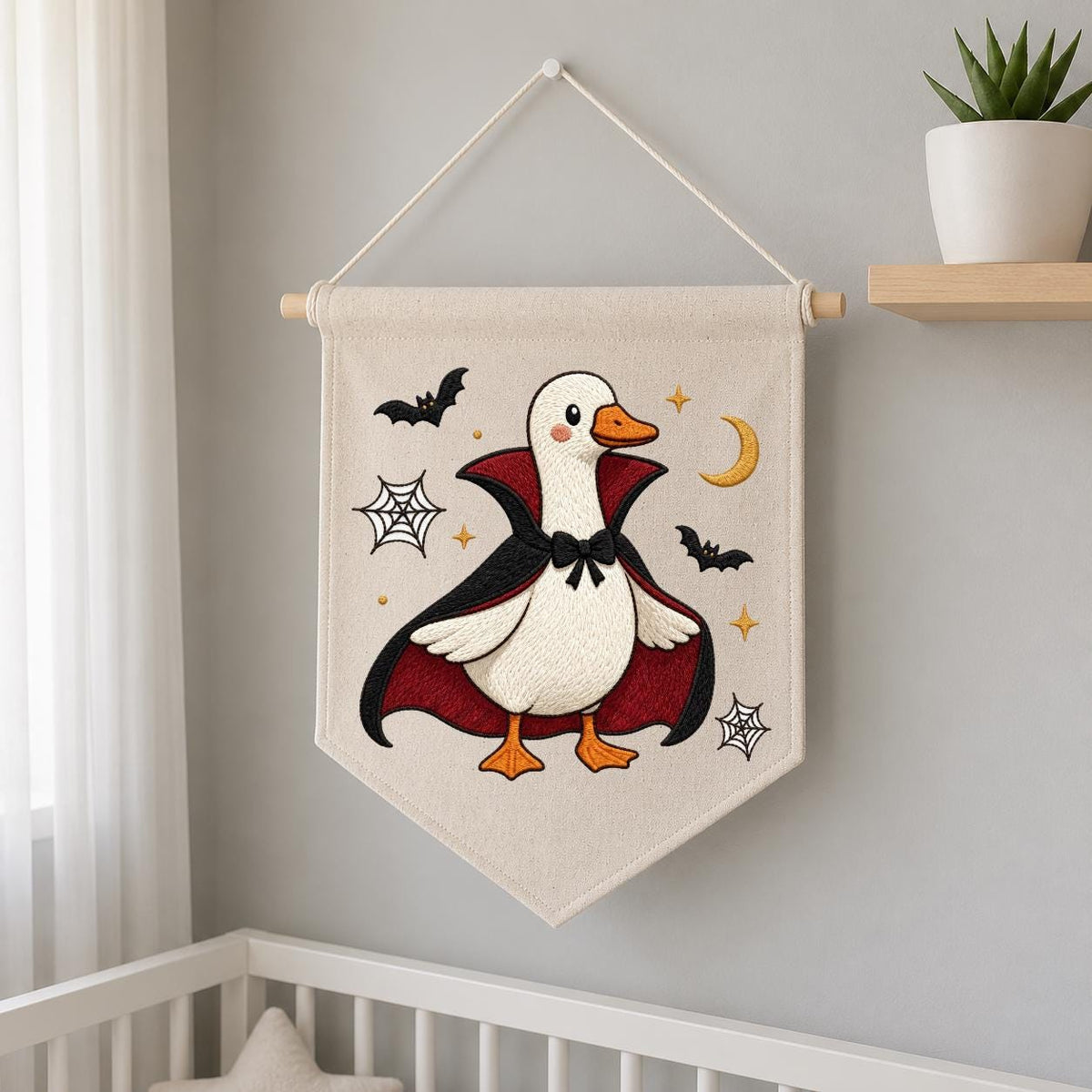 Embroidered Dracula Duck Halloween Banner, Vampire Goose Nursery Decor