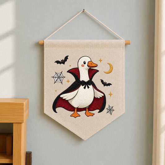Embroidered Dracula Duck Halloween Banner, Vampire Goose Nursery Decor