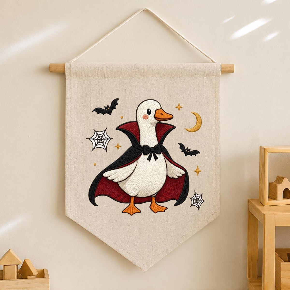 Embroidered Dracula Duck Halloween Banner, Vampire Goose Nursery Decor