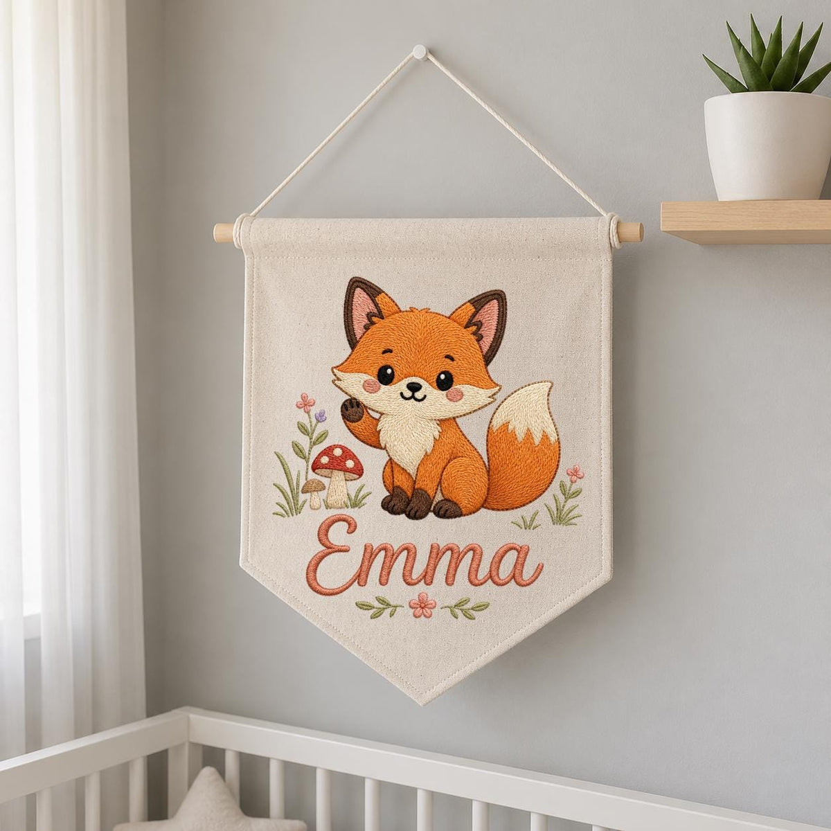 Personalized Embroidered Fox Nursery Banner, Woodland Fabric Wall Hanging