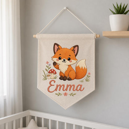 Personalized Embroidered Fox Nursery Banner, Woodland Fabric Wall Hanging