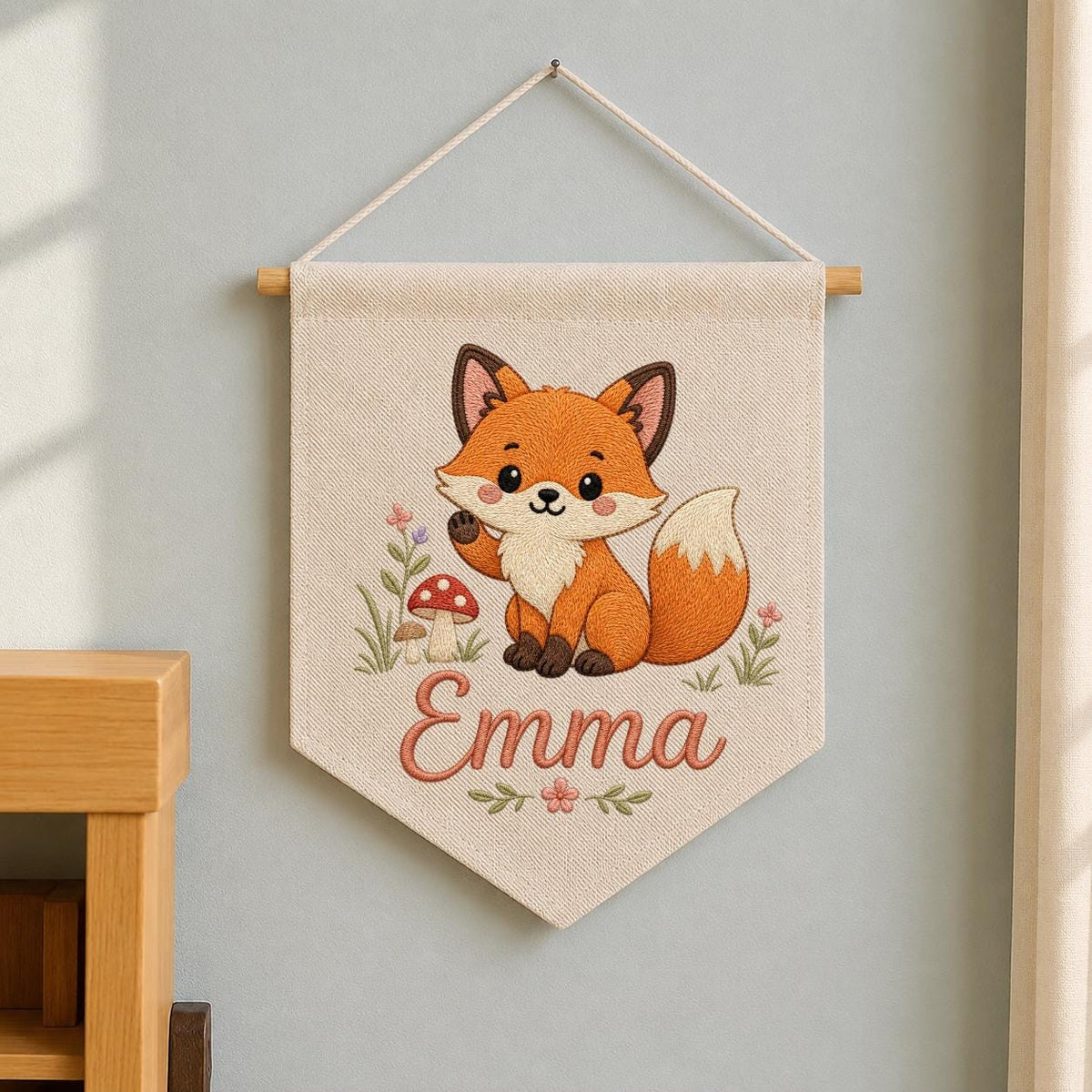 Personalized Embroidered Fox Nursery Banner, Woodland Fabric Wall Hanging