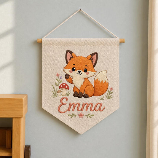 Personalized Embroidered Fox Nursery Banner, Woodland Fabric Wall Hanging