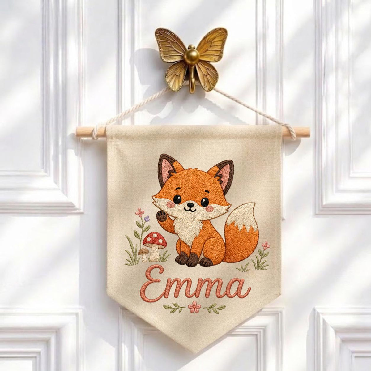 Personalized Embroidered Fox Nursery Banner, Woodland Fabric Wall Hanging