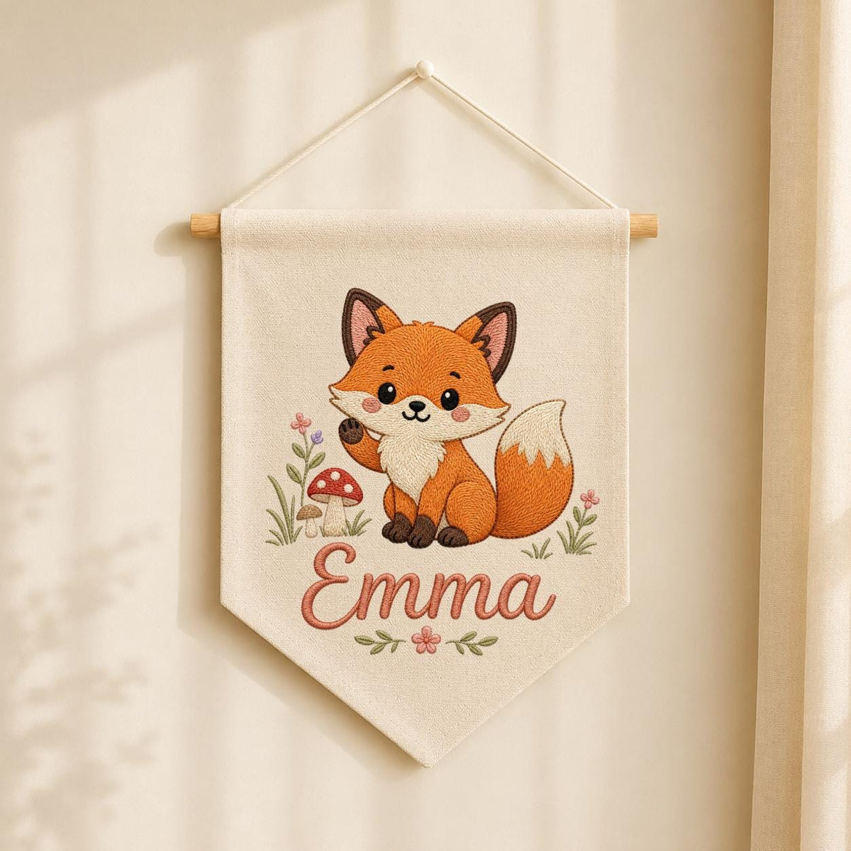 Personalized Embroidered Fox Nursery Banner, Woodland Fabric Wall Hanging