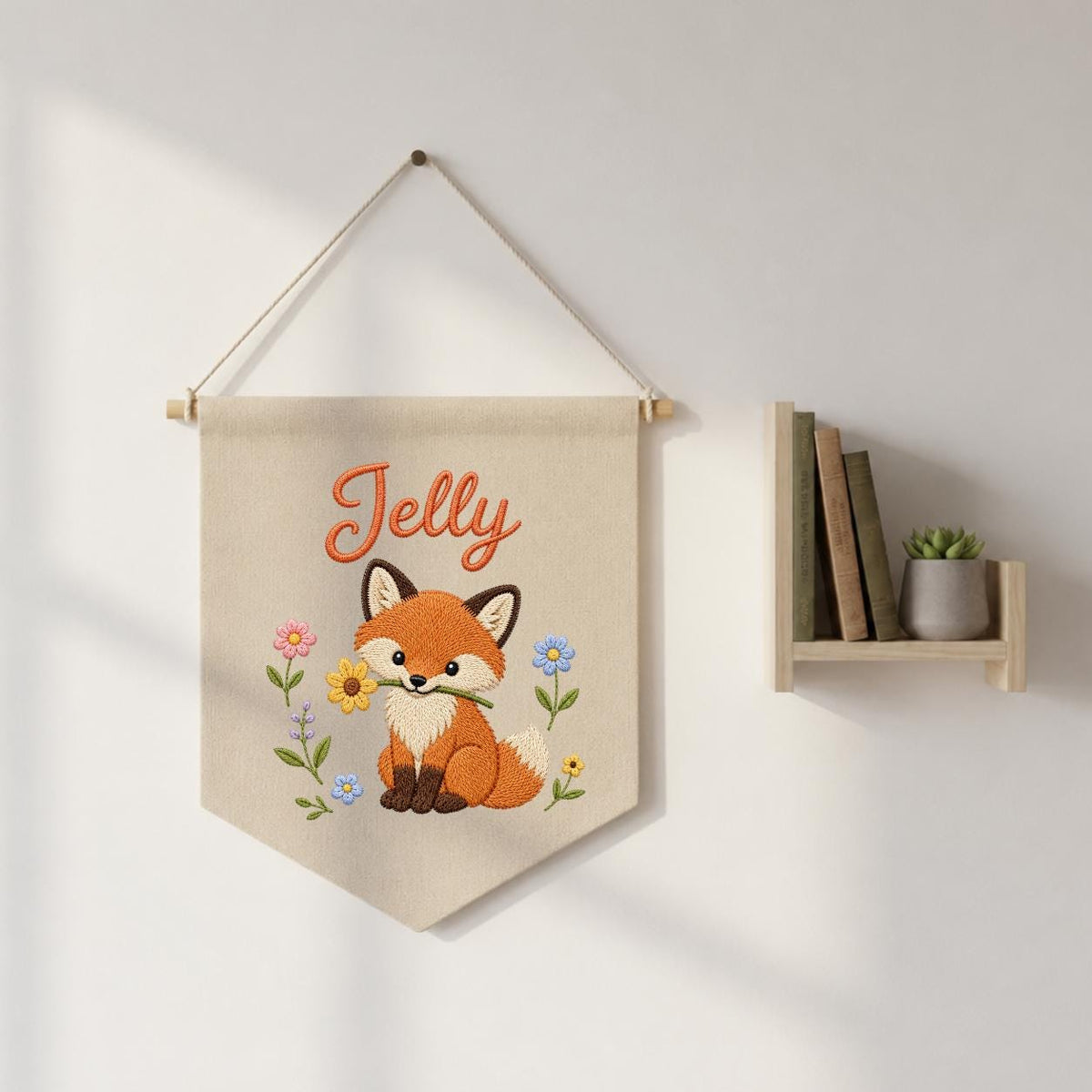 Personalized Fox Embroidered Nursery Banner, Woodland Fabric Wall Hanging Sign