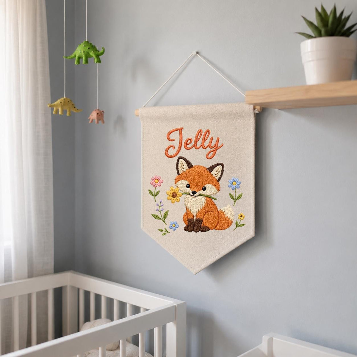 Personalized Fox Embroidered Nursery Banner, Woodland Fabric Wall Hanging Sign