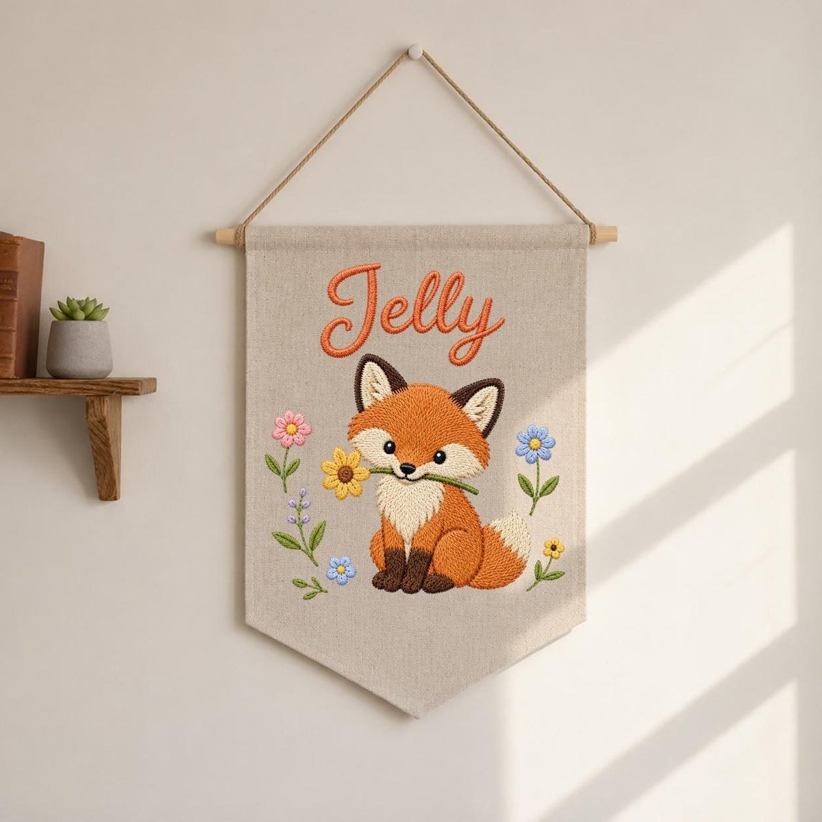 Personalized Fox Embroidered Nursery Banner, Woodland Fabric Wall Hanging Sign
