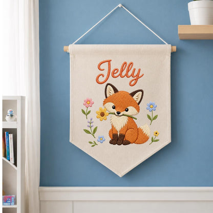 Personalized Fox Embroidered Nursery Banner, Woodland Fabric Wall Hanging Sign
