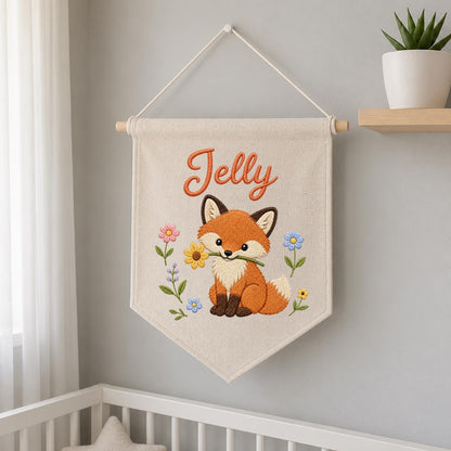Personalized Fox Embroidered Nursery Banner, Woodland Fabric Wall Hanging Sign