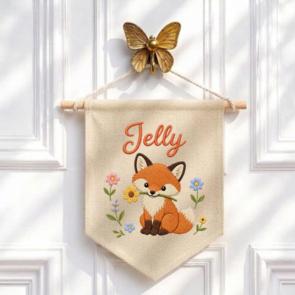 Personalized Fox Embroidered Nursery Banner, Woodland Fabric Wall Hanging Sign