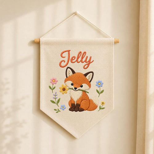 Personalized Fox Embroidered Nursery Banner, Woodland Fabric Wall Hanging Sign