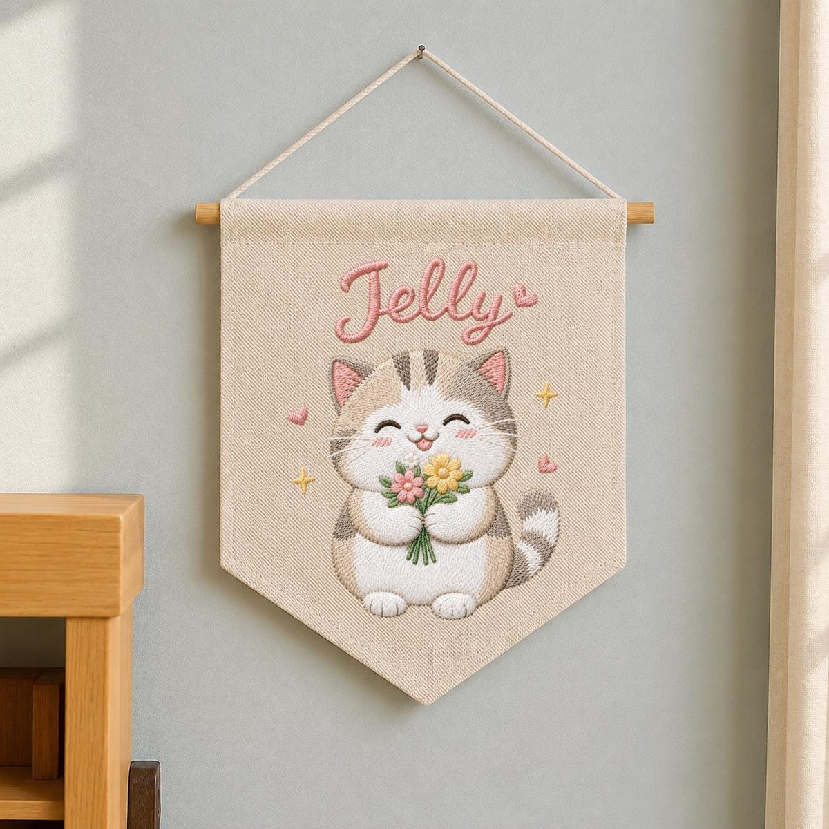 Personalized Embroidered Cat Banner, Custom Name Fabric Wall Hanging, Nursery Decor Sign