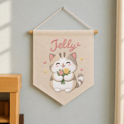 Personalized Embroidered Cat Banner, Custom Name Fabric Wall Hanging, Nursery Decor Sign