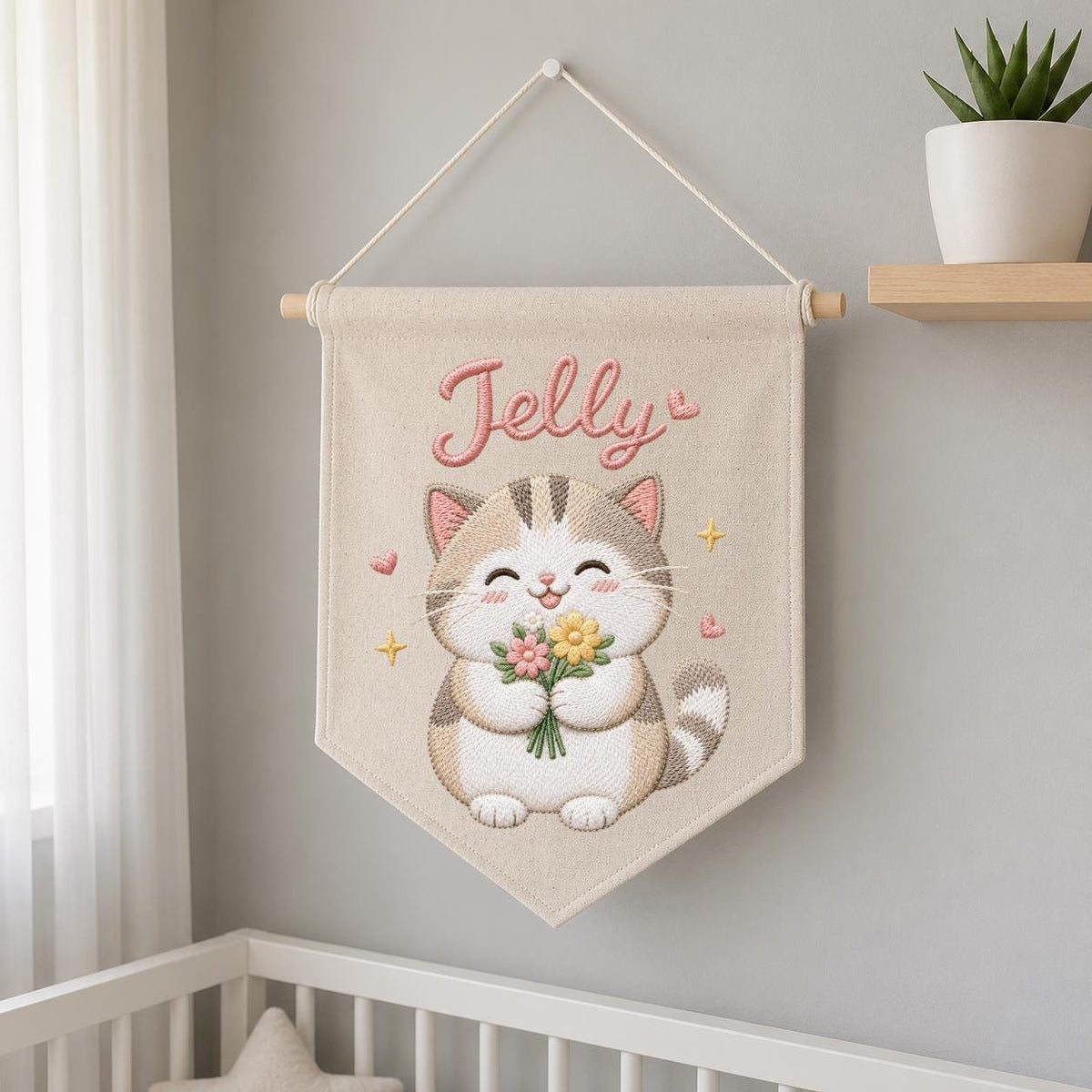 Personalized Embroidered Cat Banner, Custom Name Fabric Wall Hanging, Nursery Decor Sign