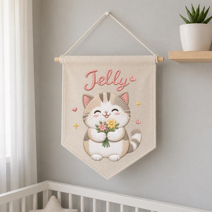 Personalized Embroidered Cat Banner, Custom Name Fabric Wall Hanging, Nursery Decor Sign