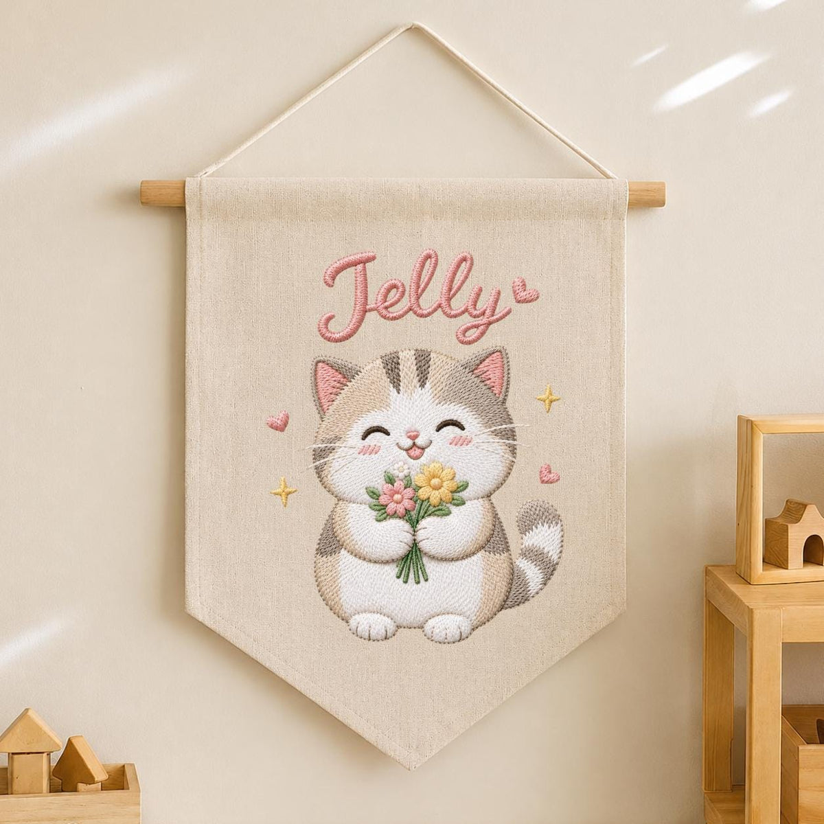 Personalized Embroidered Cat Banner, Custom Name Fabric Wall Hanging, Nursery Decor Sign