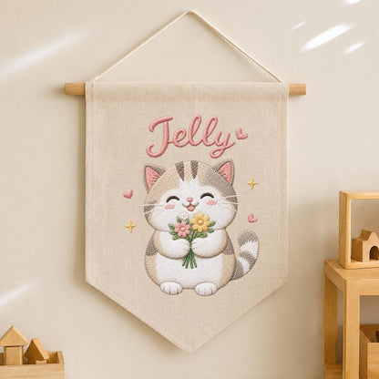 Personalized Embroidered Cat Banner, Custom Name Fabric Wall Hanging, Nursery Decor Sign