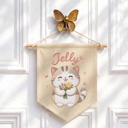 Personalized Embroidered Cat Banner, Custom Name Fabric Wall Hanging, Nursery Decor Sign