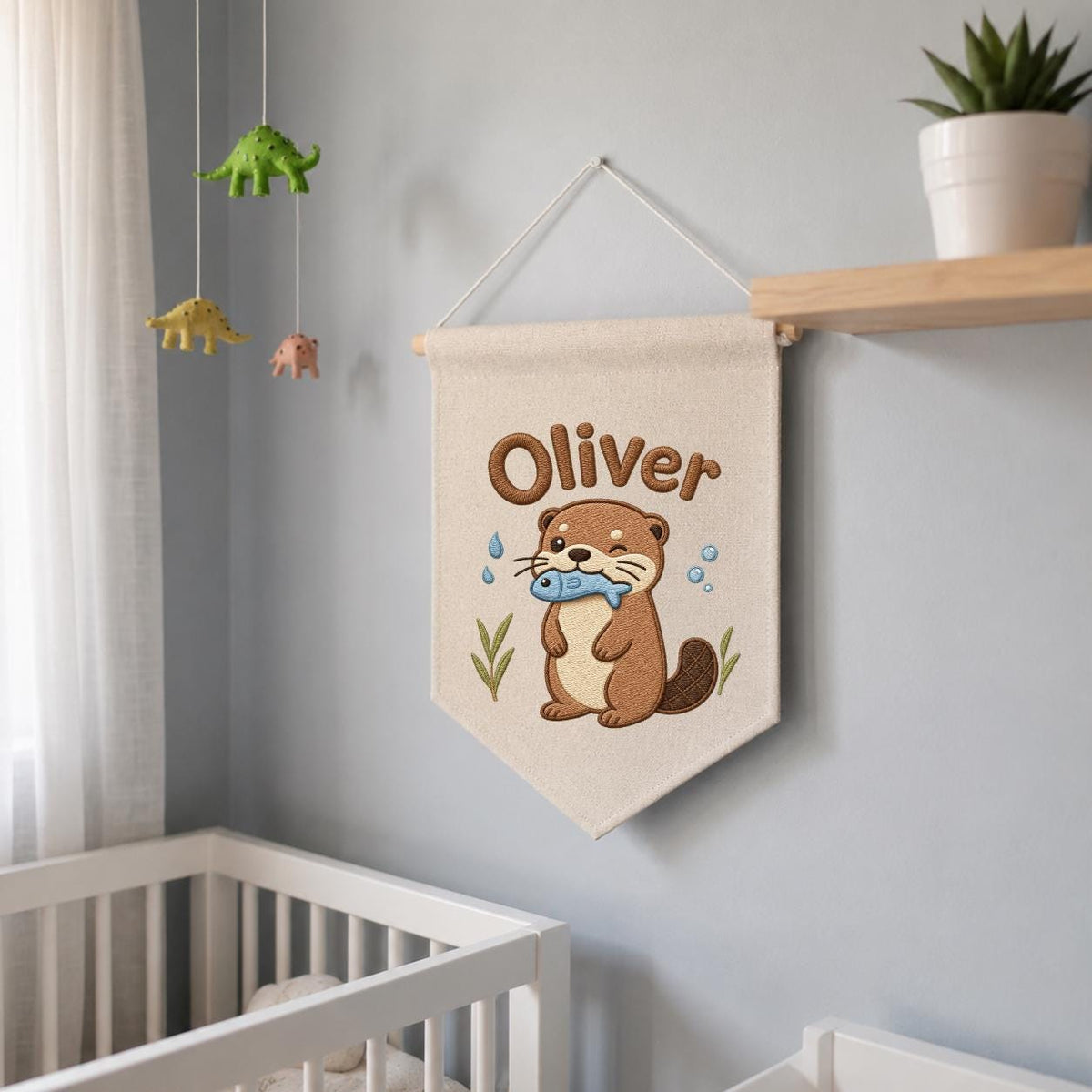 Personalized Otter Embroidered Name Banner, River Animal Nursery Wall Hanging