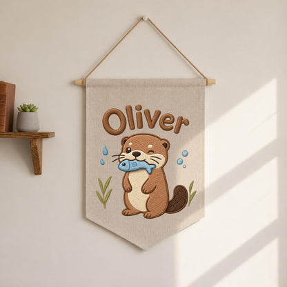 Personalized Otter Embroidered Name Banner, River Animal Nursery Wall Hanging